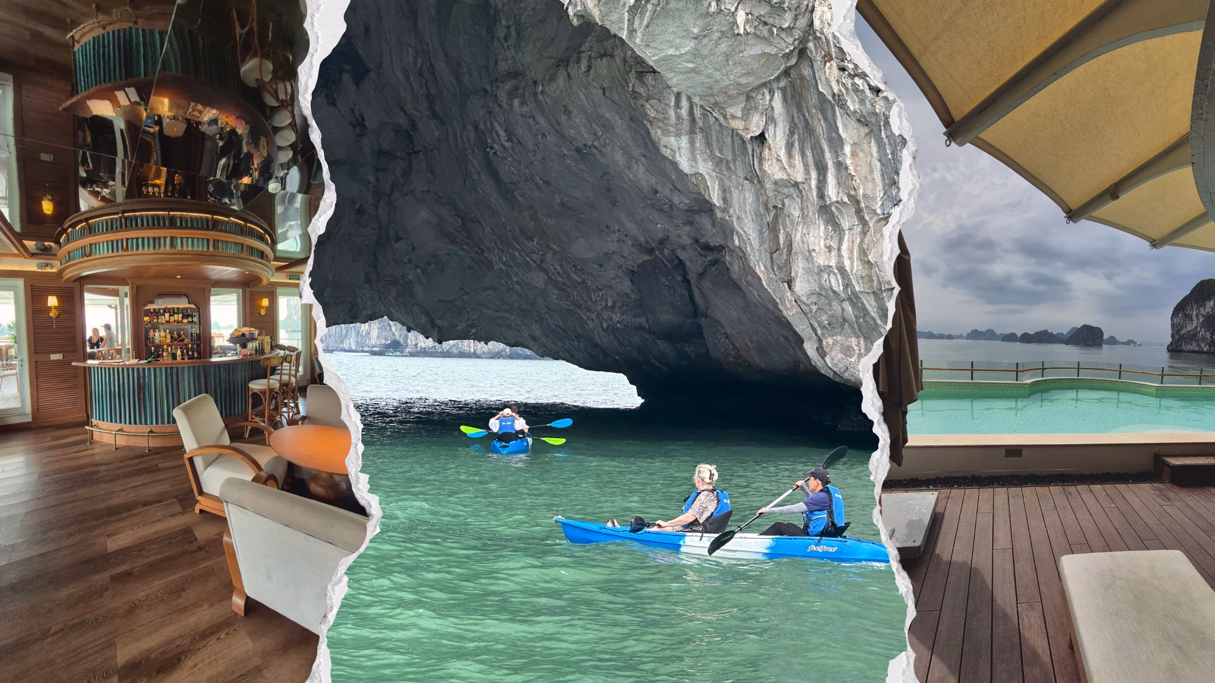 Titelbild-Collage von Annettes Vietnam FAM-Trip, welche das Interieur der Bar, Annette bei der Kajaktour und den Pool mit Blick auf die Kalksteinfelsen zeigt