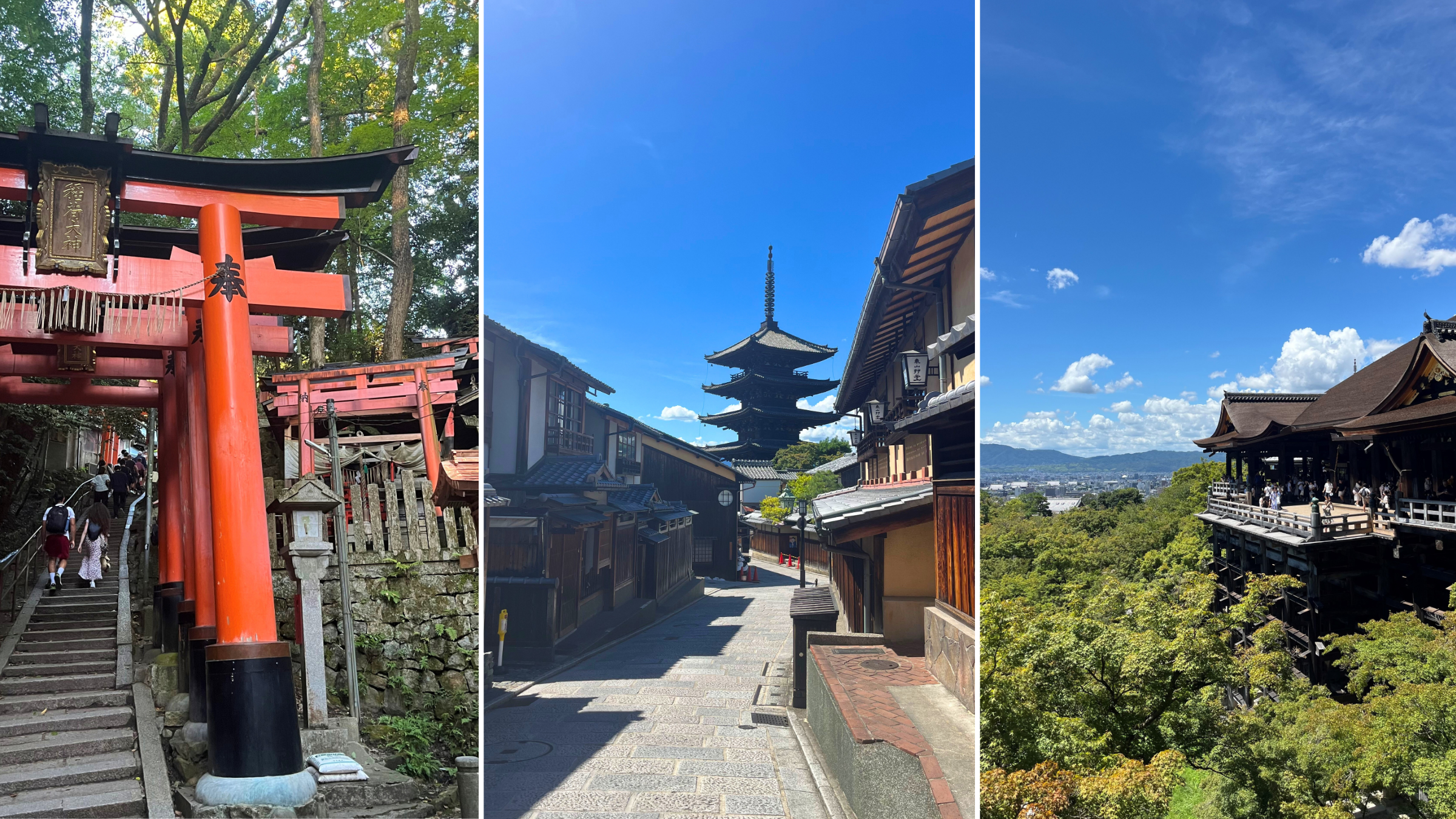 Collage mit drei Bildern von verschiedenen Tempeln in Kyoto