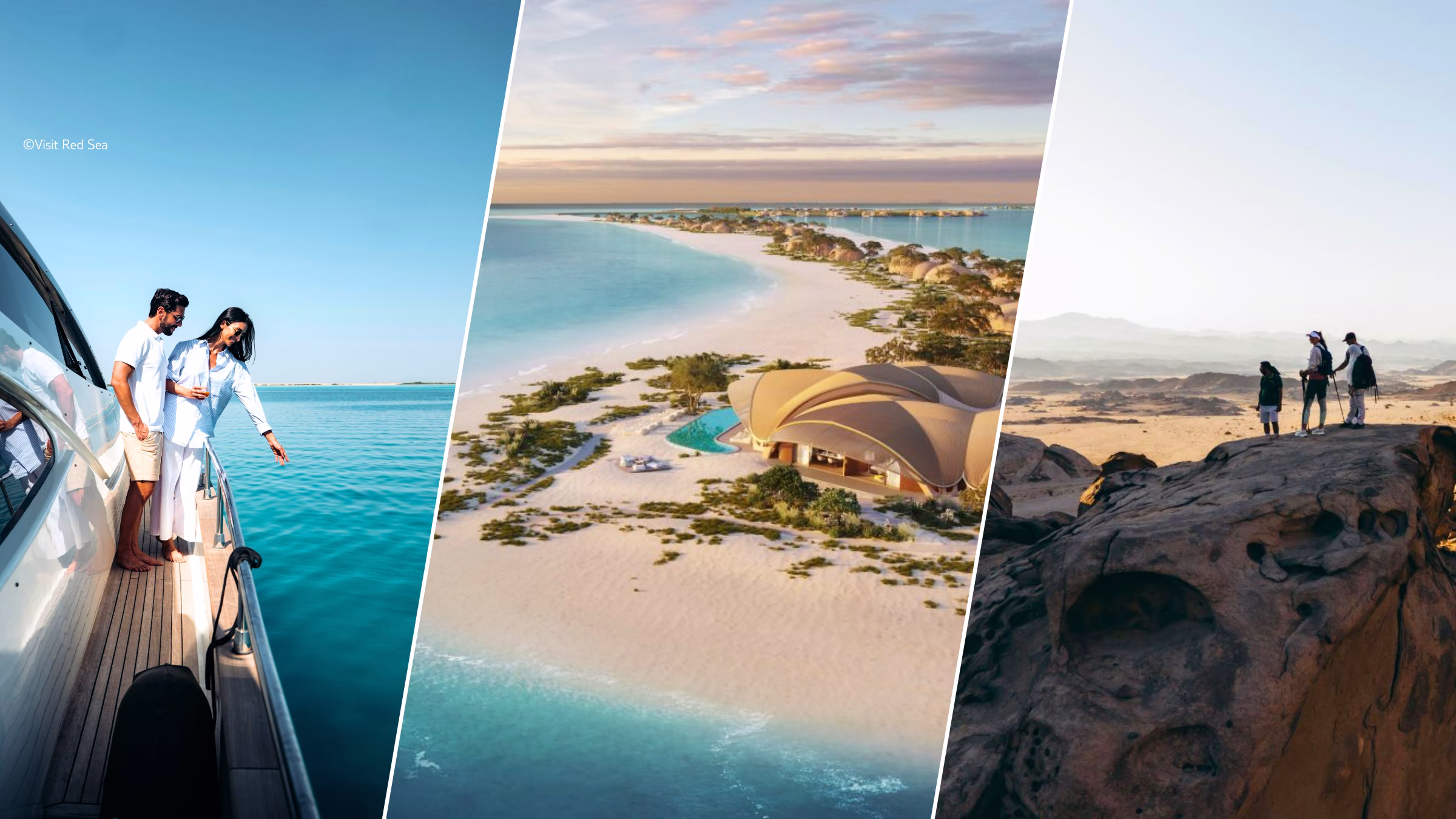 Collage mit Yacht, Luxusresort am Meer und Wanderern in der Wüste – ©Visit Red Sea