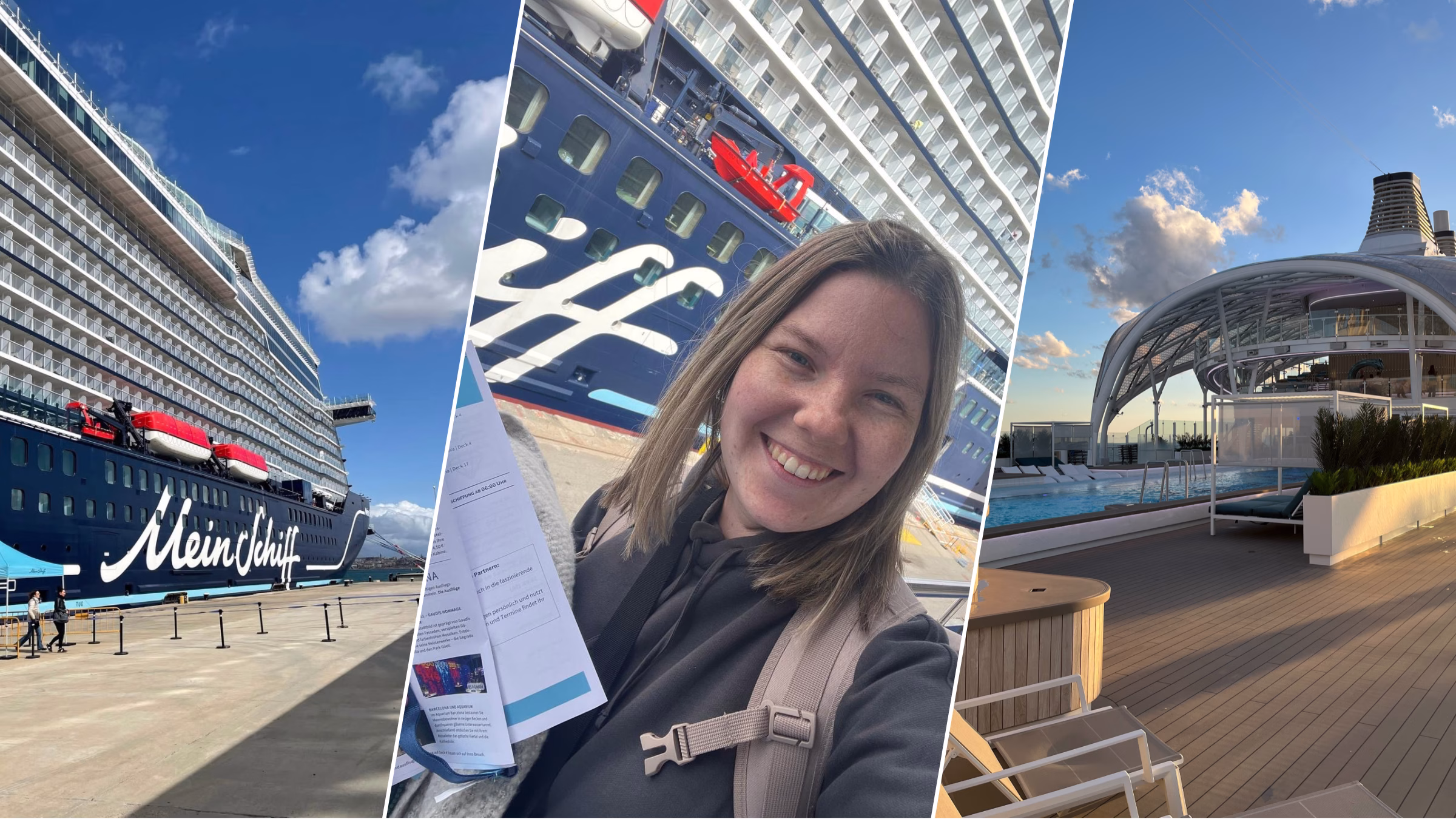 Blogbeitrag erstes Bild zeigt die Außenansicht des Schiffes "Mein Schiff", das zweite Bild, Nina Berski auf dem Weg zum Schiff und das letzte, die Sicht auf den Pool und die Kuppel des Schiffs