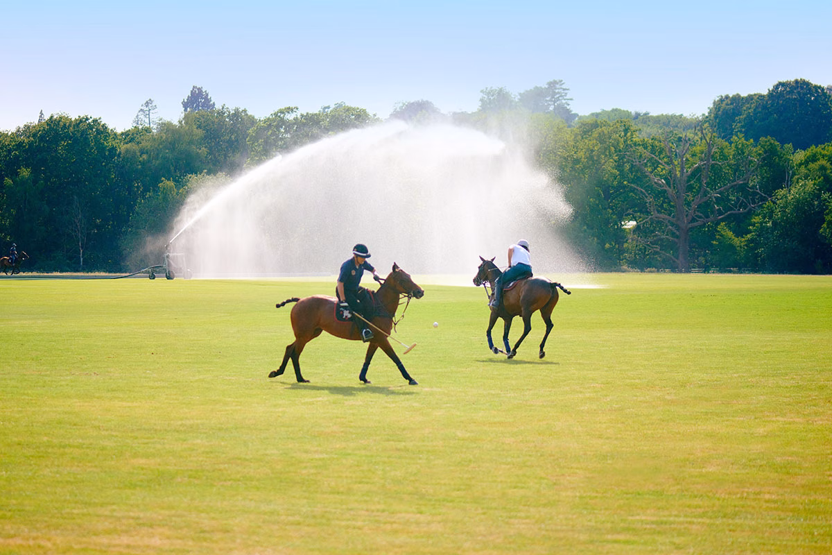 Zwei Polospieler hoch zu Ross in voller Aktion auf dem perfekt gepflegten, grünen Polofeld des Coworth Park, während im Hintergrund eine riesige Fontäne einer Beregnungsanlage in der Sonne glänzt