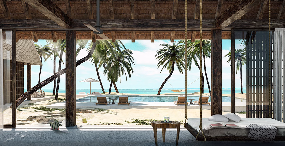 Villa mit offenen Fenstern zum Strand im Four Seasons Belize