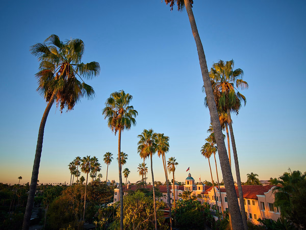 Weitwinkel-Aufnahme des The Beverly Hills Hotel im warmen Abendlicht, mit der langgezogenen, rosafarbenen Fassade und den roten Ziegeldächern, überragt von einer Reihe majestätischer, dünner Palmen gegen einen klaren Himmel