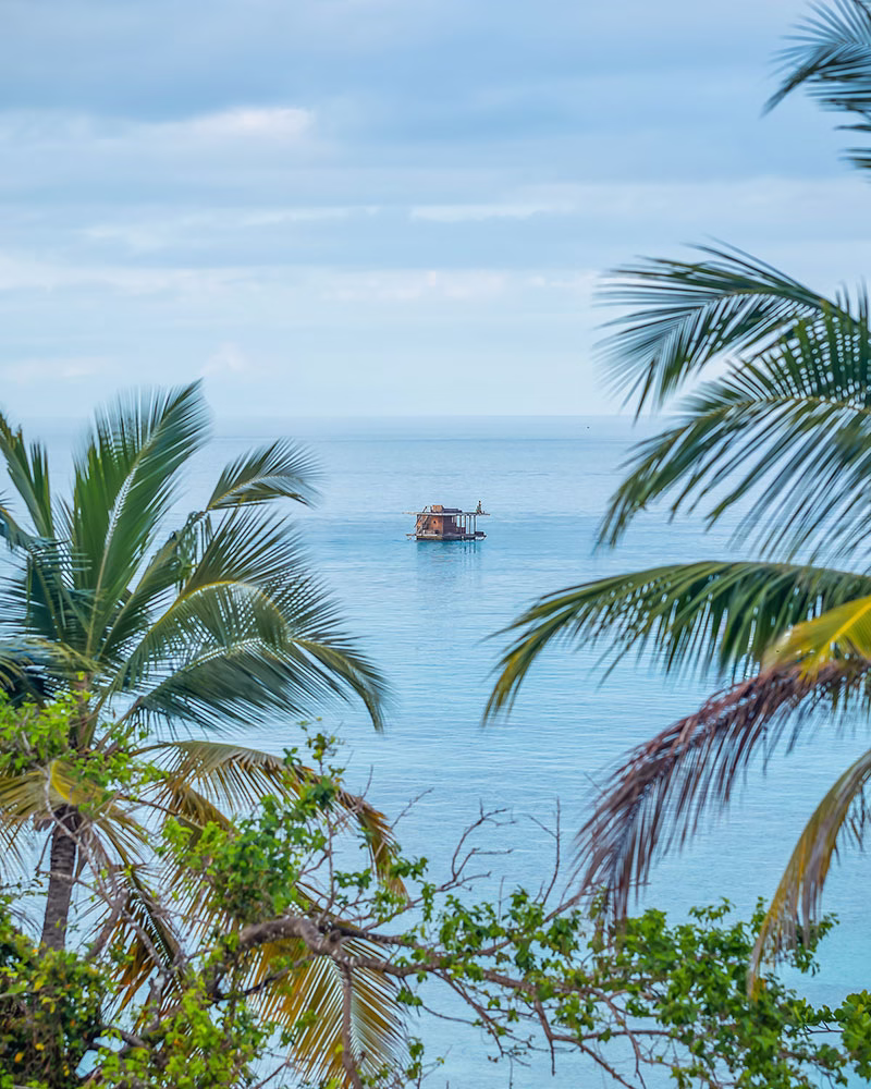 The Manta Resort Unterwasservilla vom Land aus fotografiert mit Palmen umrandet