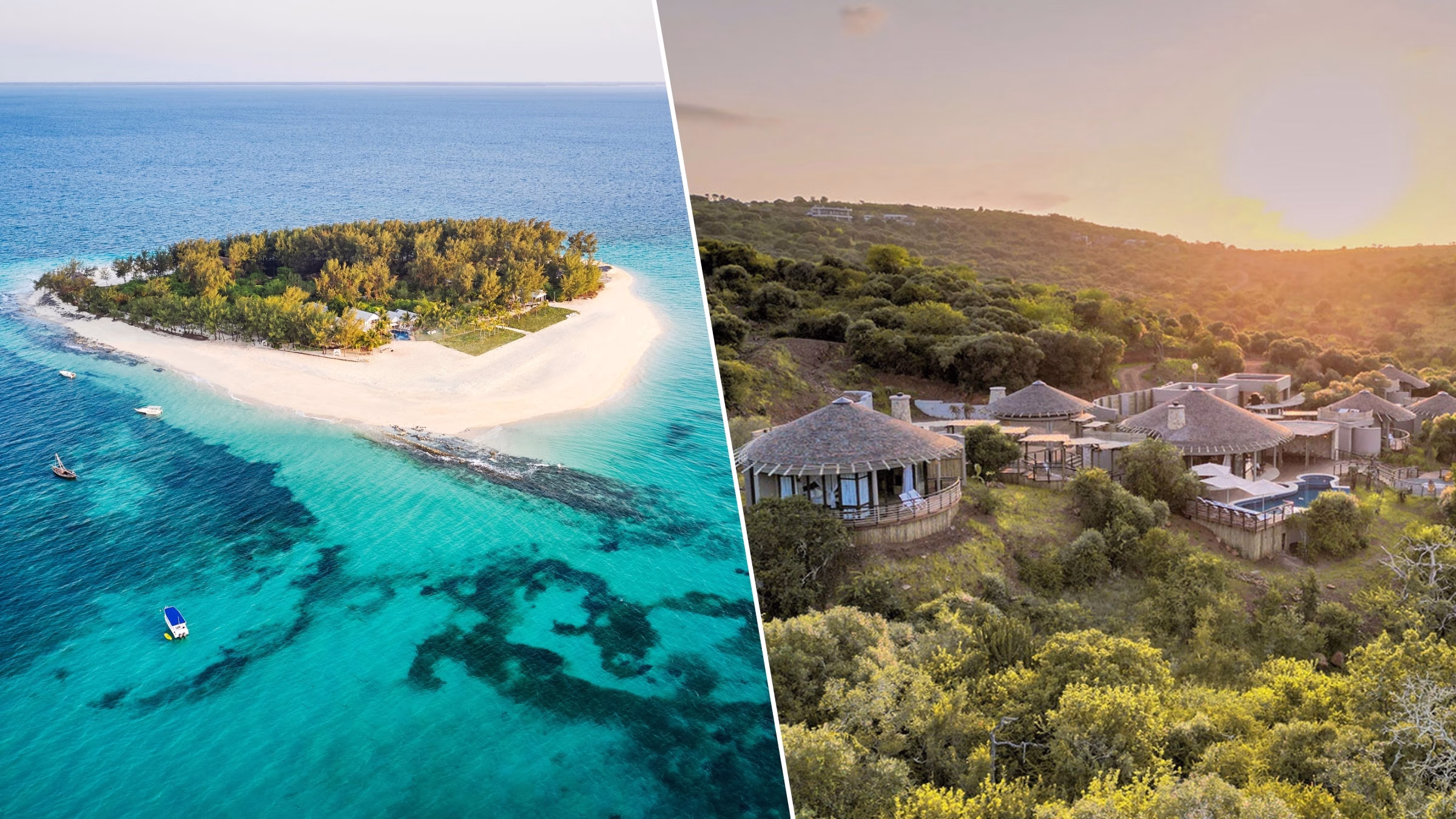 Blogbeitrag von einer Insel mit Vogelperspektive im ersten, und im zweiten Bild die schöne Aussicht auf die Hotelzimmer und die wunderschöne grüne Natur