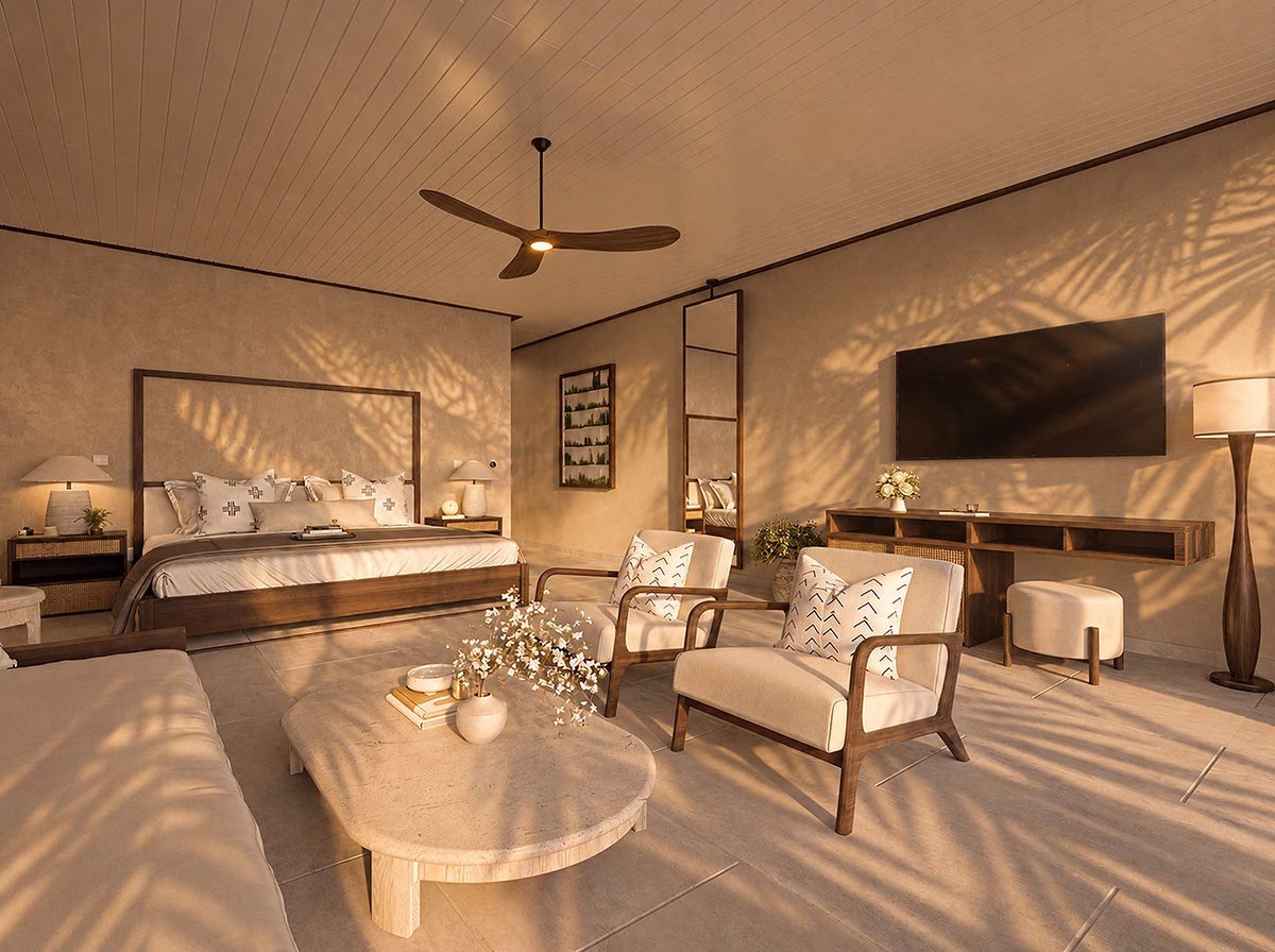 Schlaf- und Wohnbereich der Beach Suite des Carlisle Bay